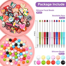 Humyoun 122 Pcs Silicone Focal Beads for Pens Set, DIY Pens Making Kit Include 12 Pcs Beadable Pens 50 Pcs Silicone Focal Beads and 60 Pcs 15mm Silicone Beads for Pen Keychains DIY Making