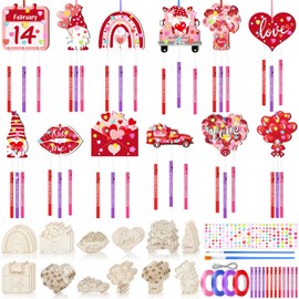MiniInflat 24 Pack Valentine's Day Crafts Gift Set DIY Wind Chime Crafts Kit Make Your Own Heart Wooden Decoration for Valentine's Day Gifts Party Supplies