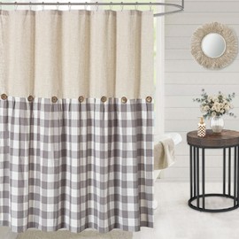 DOSLY IDÉES Linen Button Farmhouse Shower Curtain,Linen and Cotton Fabric,Pleated Gray and White Buffalo Plaid Checked Pattern,Country Style,72x72 in