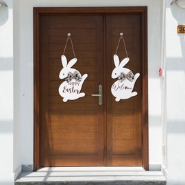 RattanView 2 Pcs Easter Decorations Door Hangers Wooden Happy Easter Bunny Rabbit Welcome Sign Wreaths for Front Door Wall Home Indoor Outdoor Office Spring