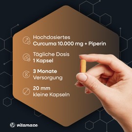 Kurkuma 10.000 mg hochdosiert in nur 1 Kapsel mit Piperin + Curcumin, 90 Kapseln bioaktivem Curcuma Extrakt für 3 Monate, Nahrungsergänzungsmittel ohne Zusatzstoffe, Made in Germany