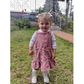 Awxoder Infant Baby Girl Clothes Dress Set Flower Print Bodysuit Long Sleeve Corduroy Overall Dress, Pink, 3-6 Months