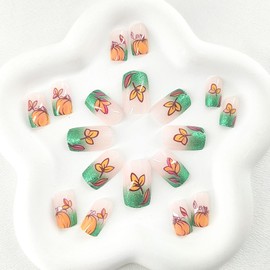 Fall Press on Nails for Women Square Fake Nails Medium Nail Press ons French Tip Glue on Nails Green Glitter with Yellow Pumpkin Leaf Designs Transparent Stick on Nails Autumn 24Pcs