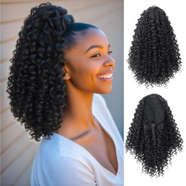 Rafabcici 16 Inch Kinky Curly Deep Wave Drawstring Ponytail Extension for Black Women - Synthetic Hairpiece with 2 Clips, Perfect for Daily Wear (Natural Black)