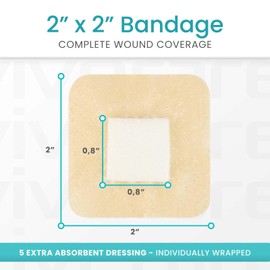 ViveCare Silicone Foam Dressing 2x2 with Border Adhesive - Bed Sore Bandage Foam Wound Dressing - Silicone Bordered Foam Dressing with Adhesive Border - Pressure Sore & Ulcer Wound Patches (5 Pack)