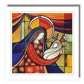 Baby Jesus and Mary Stained Glass Mural - Stunning Gold Foil Finished Eco-Friendly Premium Charity Pack of 5 Religious Christmas Cards - XPS145