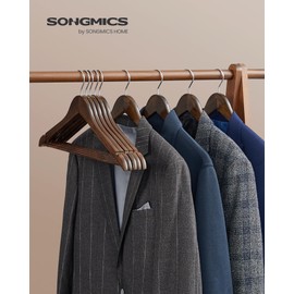 SONGMICS Wooden Hangers, 20-Pack Wood Coat Hangers with Shoulder Notches, Swivel Hook, Non-Slip for Jackets, Shirts, Suits, Dark Walnut and Silver UCRW02V20