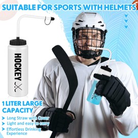 Domensi 2 Pack Large 1l Sports Water Bottle, 12.4" H x 5" W Translucent Easy Squeeze Plastic with Straw, Designed for Use with Football Lacrosse Hockey Helmets(Translucent Whit,Printed)