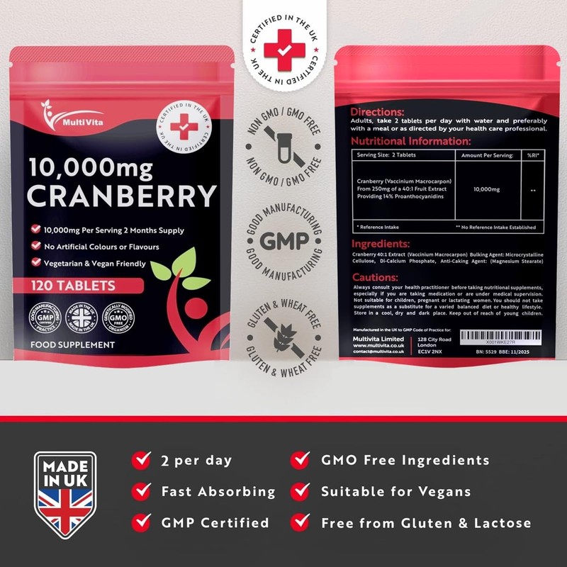 Cranberry Tablets 10,000mg 120 Vegan Tablets 2 Months Supply -