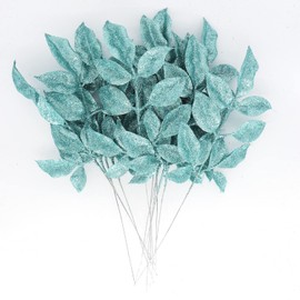 12Pcs Glitter Leaf Sprays Christmas Tree Picks Ornaments 14" Fake Plants Sparkling Artificial Branches Leaves for Christmas Tree Filler DIY Crafts Flower Arrangements Winter Holiday Décor (Sky Blue)