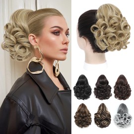 Wirctp Ponytail Extension,10" Claw Clip in Ponytail Extensions Short Curly Ponytail Hairpiece for Women Fluffy Natural Synthetic Pony Tails for Daily Use(Medium Blonde with Blonde Highlights)