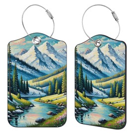 2 Pack Mountain Lake Forest Luggage Tags PU Leather Suitcase Tags with Stainless Steel Loop Privacy Cover ID Label for Women Men Travel Bag Accessories