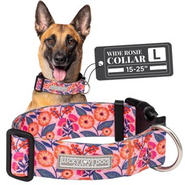 Lucky Love Dog Wide Dog Collar - Adjustable, Durable, Soft Webbing, & Comfortable 1.5 inch Wide Collar with Strong Buckle for Dogs Male and Female - in Floral Rosie Pattern, Large Size