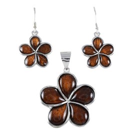 Unique Hawaiian Large Genuine Koa Wood Plumeria Earring and Necklace, Sterling Silver Plumeria Flower Pendant, N8511SH Birthday Mother Gift