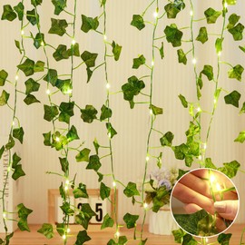 33Ft Vines with Lights Battery Operated, 100 LED Artificial Ivy Garland String Lights Fake Green Leaf Fairy Light for Bedroom,Room,Wall Garden, Party, Wedding Birthday Party Decor (Warm White)