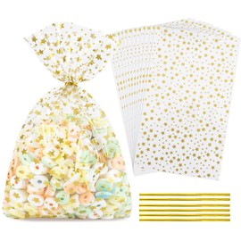 LEOSINDA Cellophane Treat Bags,Clear Cellophane Bags,11 X 14 Inches Treat Bags,50 Twist Ties,for Gift Wrapping,Packaging Candies,Dessert,Bakery, Cookies, Chocolate,Party Favor, Gold Star Printed