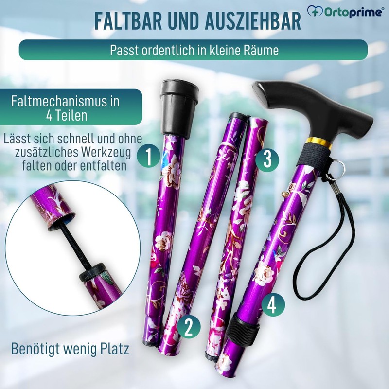 OrtoPrime Gehstock Klappbar Modern und Elegant für Damen und Herren