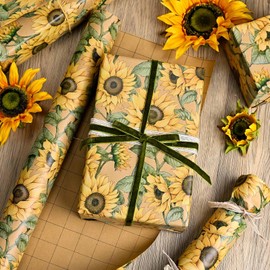 MAYPLUSS Kraft Sunflowers Gift Wrapping Paper - Vintage Elegant Sunflowers Floral Gift Wrap Paper for Women Birthday, Christmas, Baby Shower, Mothers Day, Thanksgiving, Holiday - 17 Inches X 33 Feet