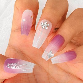 Sethexy Purple Handmade Fake Nail Long Coffin Press on Nails Glitter Gradient Glossy Salon False Nails with Design Arcylic for Women and Girls 10PCS (W)