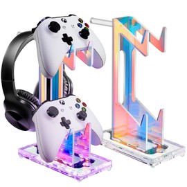 NiHome Iridescent LED Lighting Acrylic Multi-Tier Game Controller Holder & Headset Stand, USB-Powered 7 Colors & 3 Modes, Anti-Slip Gaming Accessories for Desktop, Cable Management (2 Tiers)