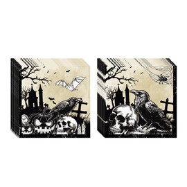 Gothic Halloween Paper Napkins 20Pcs - Disposable Vintage Skull Raven Graveyard Design Napkins for Halloween Party, Dinner, Haunted House Decorations, Spooky Halloween Party Supplies
