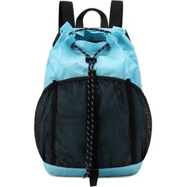 Lohol Mochila con cordón con bolsillos de malla para mujeres y hombres, bolsa de cuerda para deportes, playa, natación, campamento, viajes, Azul/claro, Mochilas con mochila
