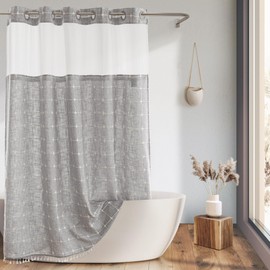 Farmhouse Shower Curtain with Snap-in Liner,No Hooks Needed, Fabric Shower Curtains with Tassels for Rustic Bathroom Decor,with Window,with Magnets,Water Repellent&Machine Washable,Linen,71x74Inch
