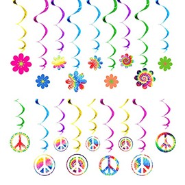 36 Count 60's Hippie Theme Party Foil Swirl Decorations, 60s Groovy Party Retro Flower Cutouts Peace Sign Hanging Swirls Ceiling Decorations
