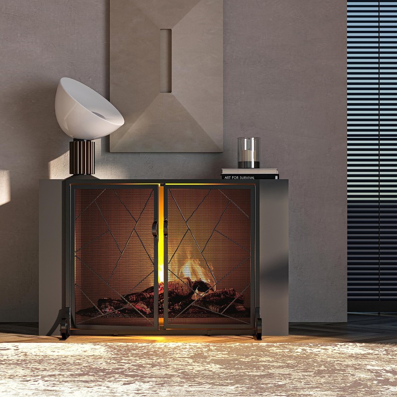 Fire Beauty Fireplace Screen with Hinged Doors Cast Iron Border