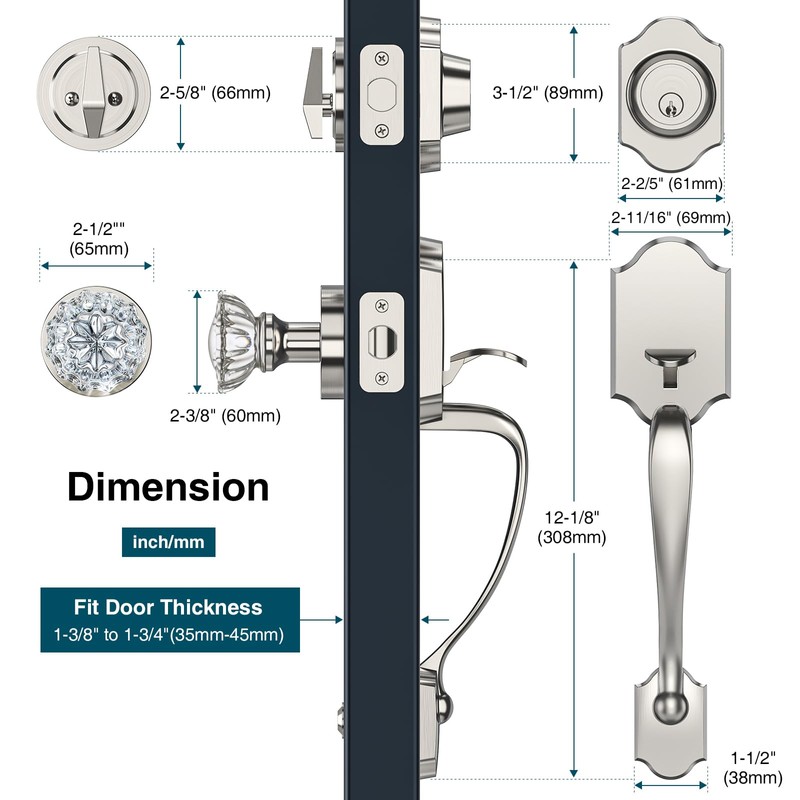 Calzibeno Brushed Nickel Front Door Handle and Deadbolt Set, Front