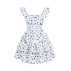 RoseSeek Girl's Floral Summer Dress Ruffle Shirred High Waist Ruched Sweetheart A Line Spring Dress Blue and White 13Y