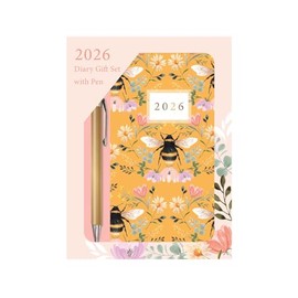 2026 Diary & Pen Gift Set Yellow Bee - Slim Week to View Diary & Gold Ballpoint Pen Gift Box - Nature Lovers Weekly Planner Travel Wallet Size