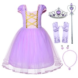 Joy Join Princess Long Hair Costume for Toddler Baby Girls Birthday Party Dress Up With Gloves,Crown,Wand,Necklace (3T 4T)