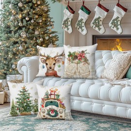 Avezano Christmas Winter Cushion Covers 45 x 45 cm Retro Deer Xmas Tree Cushion Covers Christmas Holiday Farmhouse Throw Pillow Covers for Sofa Couch Bed Home Decorations Set of 4