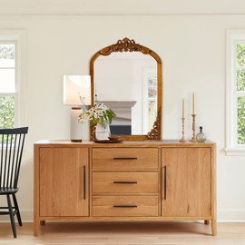 NeuType Vintage Mirror Arched Wall Mirror Carved Solid Wood Frame Wall-Mounted Mirror for Home Decor Bathroom Entryways Living Rooms Dressing Mirror, Gold, 39"x 28"