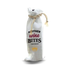 Jolitee “Another Wine Bites the Dust” Bottle Gift Bag – Reusable Drawstring Canvas Bag with Retro Rock-Inspired Typography – Funny Host Gift for Dinner Parties or Wine Lovers