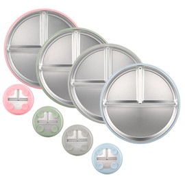 Cosmeria 4 Piece Children's Plates with Suction Base, Stainless Steel Baby Plates with Sections, BPA-Free, Suitable for Babies and Toddlers, Dishwasher Safe and Shatterproof