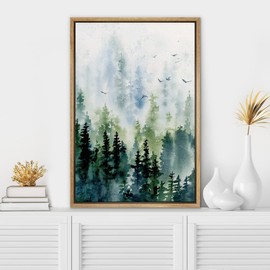 SIGNWIN Framed Canvas Print Wall Art Woodland Nursery Decor Watercolor Pastel Pine Tree Bird Sky Nature Modern Art Decorative Landscape Colorful for Living Room, Bedroom, Office - 16"x24" Natural
