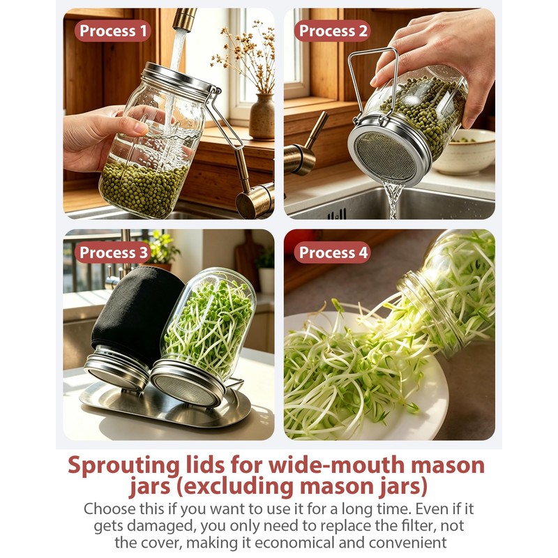 2Pack Sprouting Lids for Wide Mouth Mason Jars, Stainless Steel
