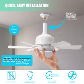 17.9'' Socket Six Blade Ceiling Fan Light with Remote and 1 Socket Extender, E26 Based Easy Install for Indoor -Bedroom, Kitchen,Office and Living Room, 3 Color Stepless Dimming (White)