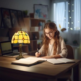 Ppbmocw Stained Glass Lamp,8X14 inches Small Tiffany Lamp, Yellow Style Art Deco Lamp for Bedside,Antique Office,Living Room