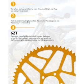 BAOUFF Sprocket for Surron,62T Chain Sprocket for Electric Dirt Bike Sur Ron Light Bee S/Light Bee X/X160/X260/Talaria Sting MX3/Talaria Sting R MX4 - Golden, J-20