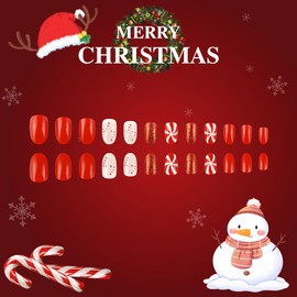 RIICFDD Christmas Press on Nails Short Almond Fake Nails Red Glitter False Nails Candy Cane Stick on Nails Red White Curve Glue on Nails Full Cover Acrylic Nails for Women Artificial Nails 24 Pcs