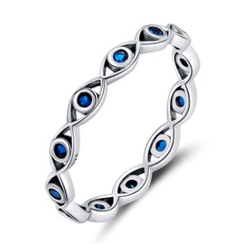 BISAER Evil Eye Ring 925 Sterling Silver with Royal Blue Gemstones Classics Lucky Eye Cubic Zirconia Stacking Eternity Finger Rings Bands Promise Ring for Lover Size 6-9, Cubic Zirconia