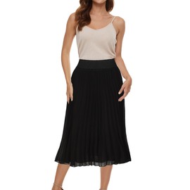 TEERFU Women's Casual High Waist A Line Pleated Midi Swing Skirt Stretch Waist Black L