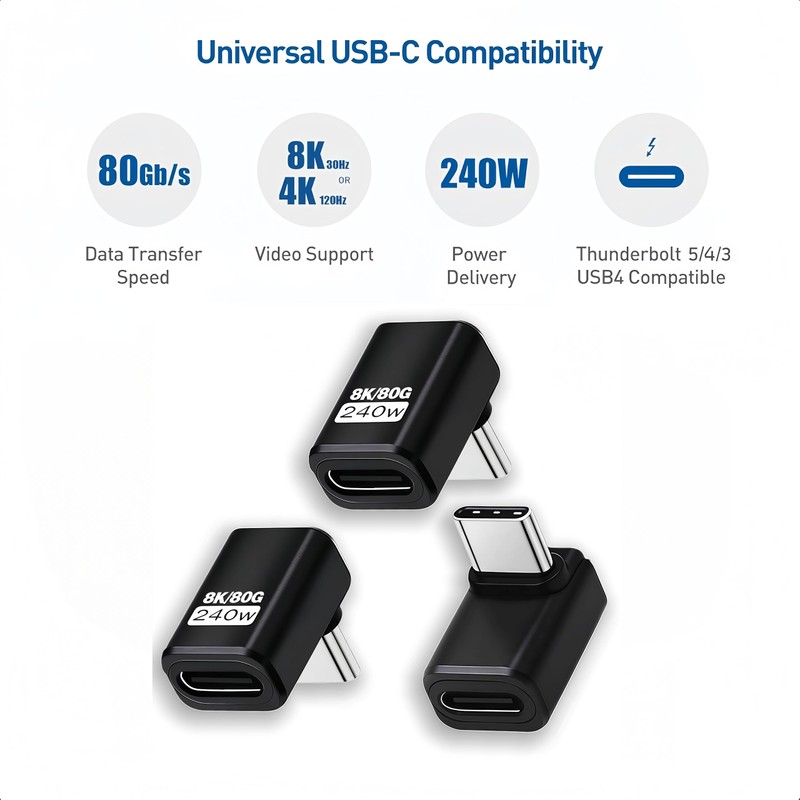 3 Pack Usb C 90 Degree Adapter [80Gbps Data Transfer,8K@240Hz