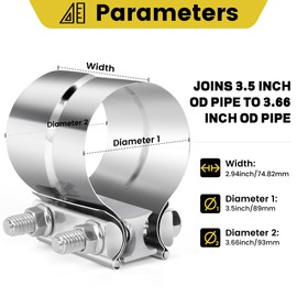 ZEHCLP Exhaust Clamp 3 1/2 Butt Joint 304 Stainless Steel Band Lap Joint Band Clamp Stainless Steel for Pipes (2, 3.5 inch)