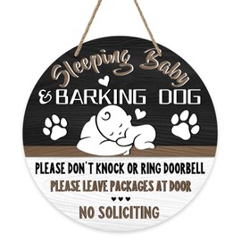 Bolisom Sleeping Baby Front Door Sign, Barking Dog Please Don't Knock No Soliciting Wood Door Hanger Porch Nursery Decor, Wooden Wreath Indoor Wall Hanging Kids Infant Bedroom Decoration