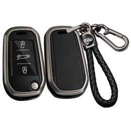 ontto Alloy Car Key fob Cover Fit for Peugeot 208 3008 308 508 408 2008 307 4008 For Citroen C4 C3 C6 CACTUS C8 Flip Leather Key case Shell key holder keyring keychain accessories Black