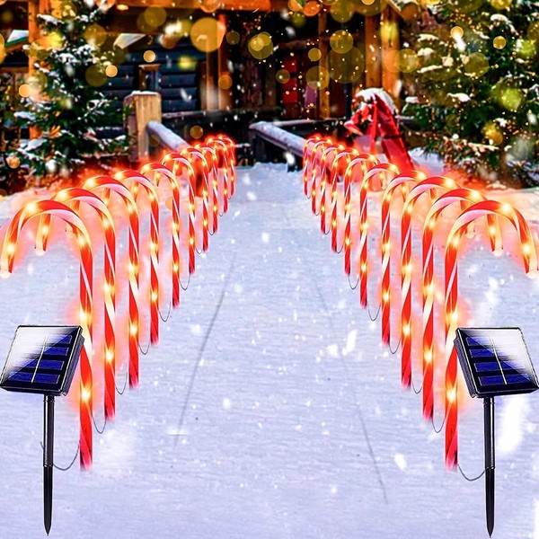20 Pack Solar Christmas Candy Cane Lights Set Christmas Lights Decorations Outdoor, 100 LED Solar Pathway Stake Lights with 8 Lighting Modes and Memory Function for Yard Garden Walkway